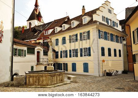 Courtyard with typical swiss houses in Bremgarten canton Aargau Switzerland