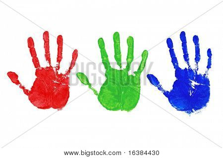 Three painted hand prints in Red, Green and Blue, colour coded to 255 for each individual colour.