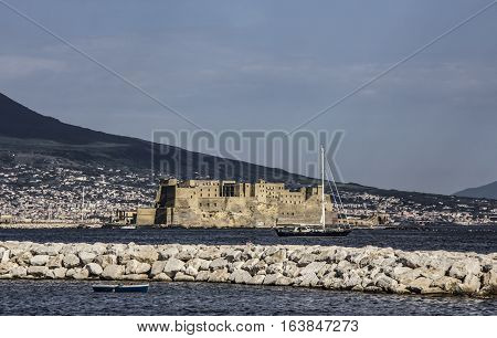Panoramic view of the city of Napoli (Naples) with famous Mount Vesuvius and the harbour in the background, Campania, southern Italy