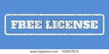 White rubber seal stamp with Free License text. Vector caption inside rounded rectangular banner. Grunge design and dust texture for watermark labels. Horisontal sign on a blue background.