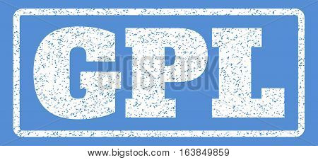 White rubber seal stamp with GPL text. Vector tag inside rounded rectangular frame. Grunge design and scratched texture for watermark labels. Horisontal emblem on a blue background.