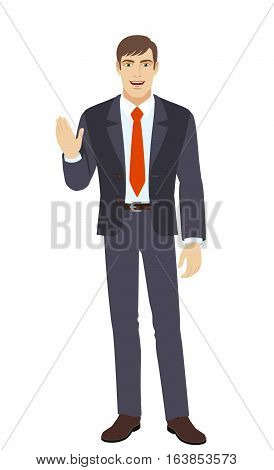 Businessman greeting someone with his hand raised up. Full length portrait of businessman in a flat style. Vector illustration.