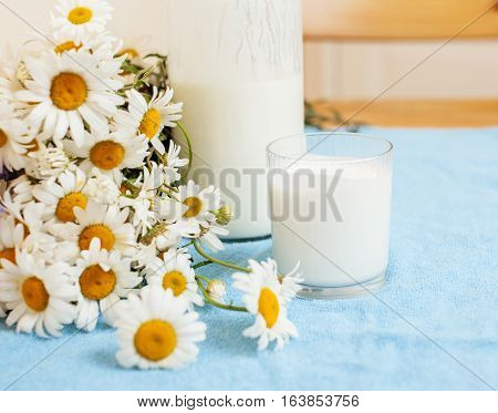 Simply stylish wooden kitchen with bottle of milk and glass on table, summer flowers camomile, healthy foog moring concept noone close up