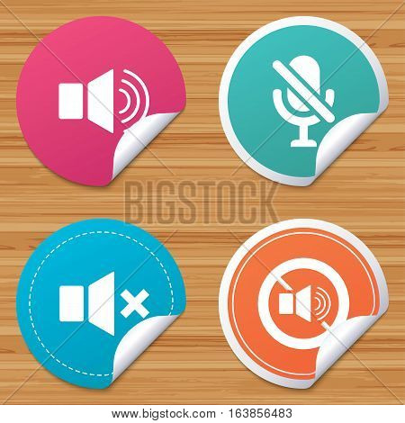 Round stickers or website banners. Player control icons. Sound, microphone and mute speaker signs. No sound symbol. Circle badges with bended corner. Vector