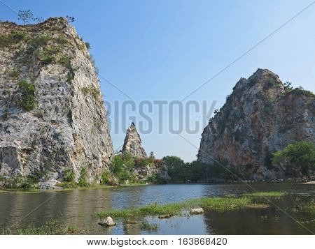 Beautiful landscape with mountain, sky, trees, lake at Khao Ngu Rock Park Thailand