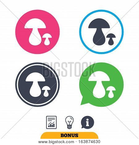 Mushroom sign icon. Boletus mushroom symbol. Report document, information sign and light bulb icons. Vector