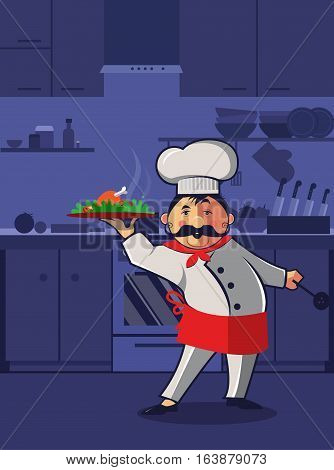 Chef cooking at kitchen room. Italian chef presentation new dish. Vector illustration.