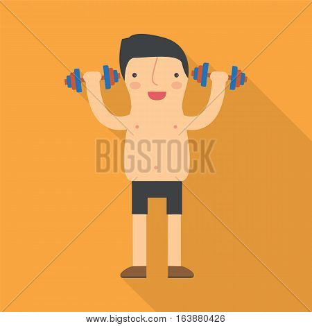 Fat man in the gym. Sport fitness workout flat vector illustration.