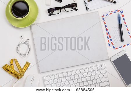 Flat Lay Photo Of Office Equipment, Document, Coffee Cup, Keyboard Office And Technology Concept.