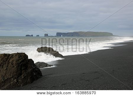Halsanefshellir sea cave. Reynisfjara Beach in Iceland