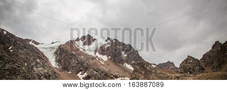 Panoramic View Behind Talgar Pass In Tien Shan Mountains. Peaks With Glaciers, Almaty, Kazakhstan