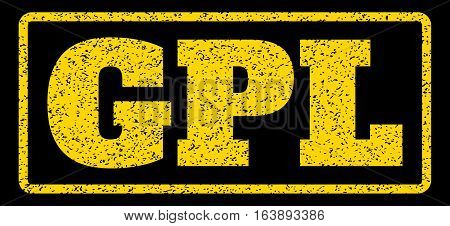 Yellow rubber seal stamp with GPL text. Vector caption inside rounded rectangular banner. Grunge design and unclean texture for watermark labels. Horisontal sign on a blue background.