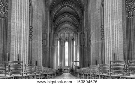 Copenhagen, Denmark - January 03, 2017: Interior photography of the impressive hall of Grundtvigs Church