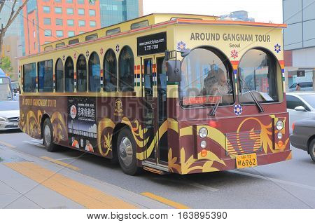 SEOUL SOUTH KOREA - OCTOBER 21, 2016: Tourist bus runs Gangnam street.