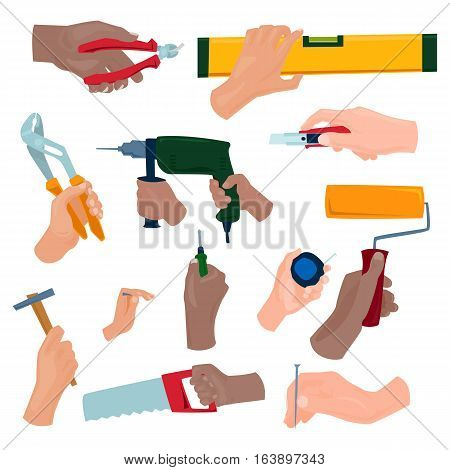 Hands with construction tools worker equipment. House renovation handyman vector illustration. Carpenter industrial build job wrench repair working.