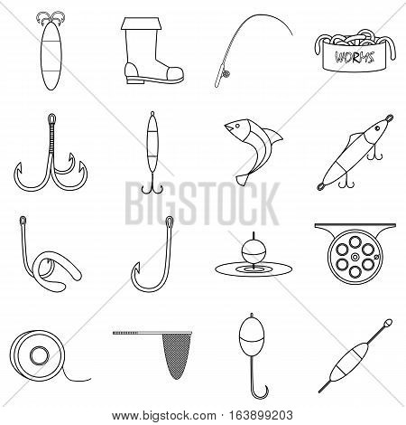 Fishing tools items set. Outline illustration of 16 fishing tools items vector icons for web