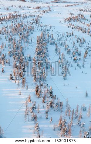 Aerial view above the snow covered tundra in time of short winter day.