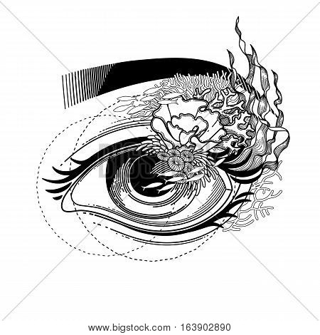 Abstract graphic eye decorated with seaweed and corals. Sacred geometry. Blackwork tattoo or t-shirt design. Vector art isolated on white background. Coloring book page for adults