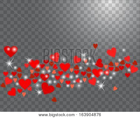 Sparkling hearts on a transparent background. Abstract love background for your Valentines Day design. Vector illustration