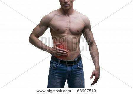 Attack of appendicitis pain in right side of muscular male body isolated on white background with red dot