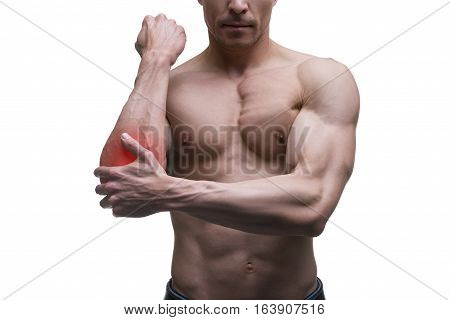 Pain in the elbow muscular male body isolated on white background with red dot