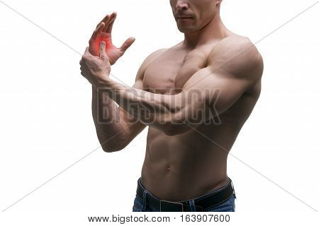 Pain in hand carpal tunnel syndrome muscular male body studio isolated shot on white background with red dot