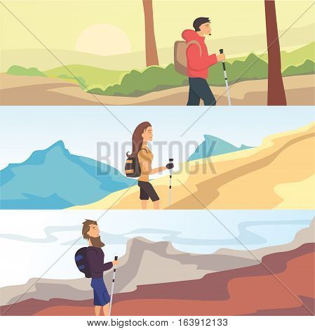 Set of flat vector web banners on the theme of Hiking,  Walking. Sports, outdoor recreation, adventures in nature