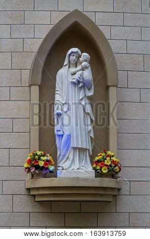 Statue of Virgin Mary with Baby Jesus Franciscan Sisters of IHM School in Nazareth Israel
