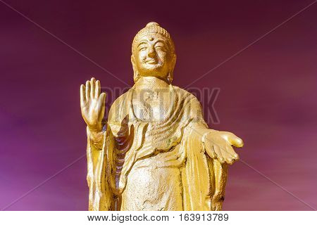 Buddha statue close up with its palm out at night