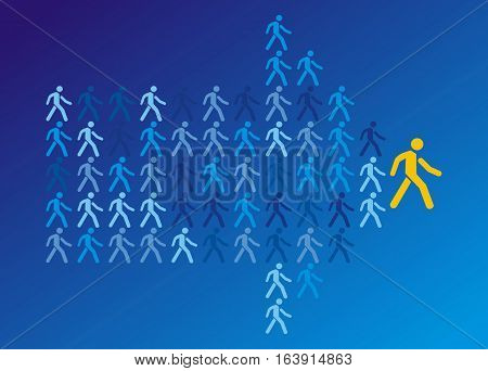 The crowd of workers follows the team leader