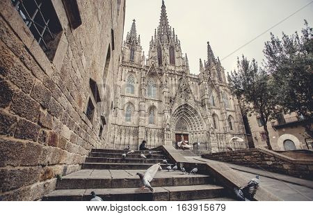 Cathedral Holy Cross and Saint Eulalia. Europa, Barselona, Spain. Old Building in Barcelona, Spain