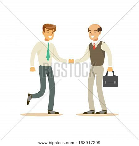Colleagues Shaking Hands, Business Office Employee In Official Dress Code Clothing Busy At Work Smiling Cartoon Characters. Part Of Marketing And Management Series Of Vector Illustrations.