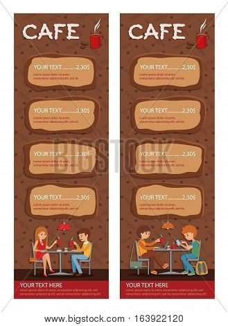 Couples of people in cafe eat, drink and use phone. Templates for flyers and banners. Vector Illustration with men and women at tables on brown background.