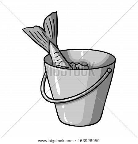 Fish in the bucket icon in monochrome design isolated on white background. Fishing symbol stock vector illustration.