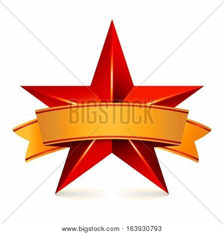 Achievement Vector Star With Yellow Ribbon. Red Sign With Place For Text. Golden Decoration Symbol. 3d Shine Icon Isolated On White Background.