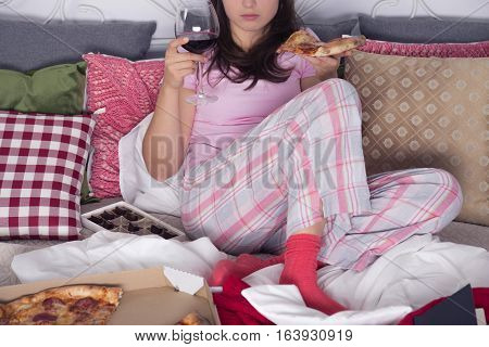 Woman With Pizza And Wine