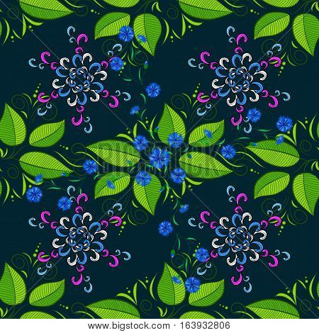 Blue Background With Lilac And Pink Doodles. Raster. Green Leaves.