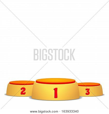 Empty Vector Podium. Round Winners Pedestal Concept With First, Second And Third Place For Award Ceremony. Isolated On White Background. Yellow 3D Stage. Realistic Platform.