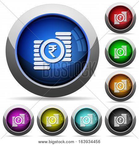Indian Rupee coins icons in round glossy buttons with steel frames