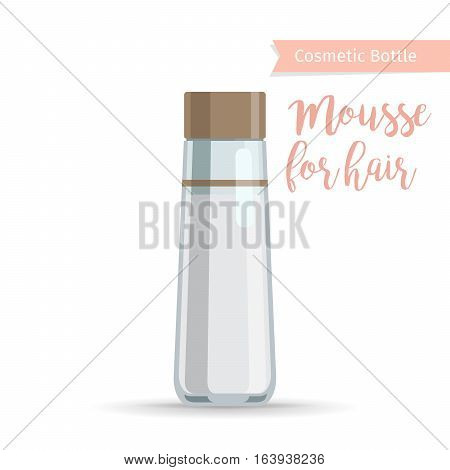 Cosmetics bottle product with hand drawn inscription mousse for hair. Vector illustration
