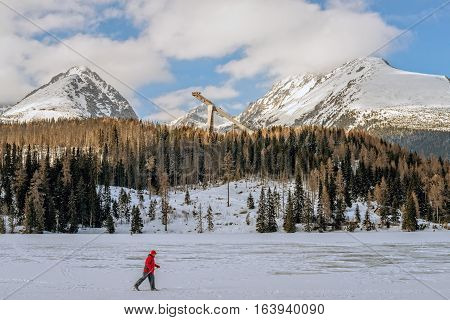 Winter in High Tatras Mountains. High Tatry. Slovakia. Vysoke Tatry. Sunny day. Cross Country Skiing.