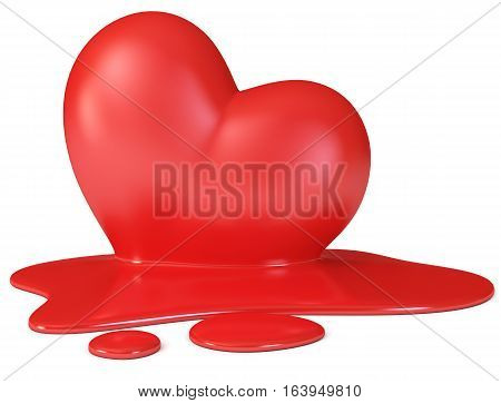 Red melting heart 3d render. Isolated on white background
