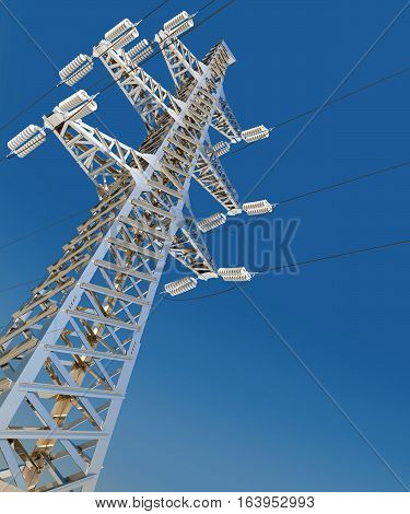 Power Transmission Line. 3d render. Blue background