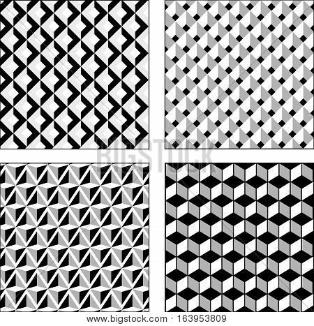 Vector set black and white optical illusions. Seamless texture. Surround Cube and rhombus