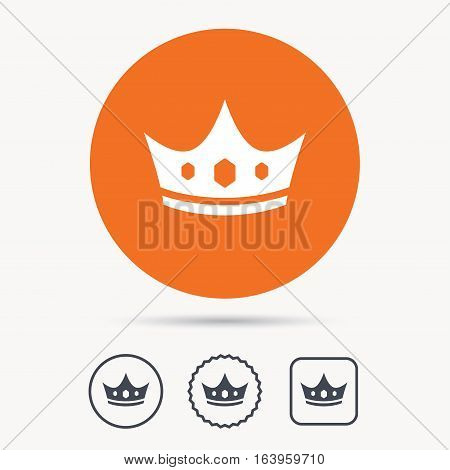 Crown icon. Royal throne leader symbol. Orange circle button with web icon. Star and square design. Vector