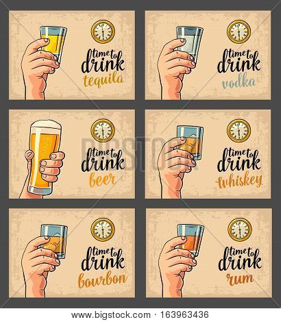 Male hand holding a glasses with alcohol drink and antique pocket watch. Vector flat illustration for poster invitation to party. Time to Drink lettering. Isolated on beige background.