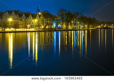 Elk winter panorama. Night photo. Masuria Poland.