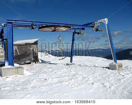 End hoop ski lift on the mountain in winter