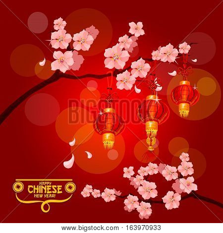 Chinese New Year poster with red paper lanterns hanging on branches of blooming plum tree with pink flowers. Plum blossom with lanterns for Chinese New Year and Spring Festival themes design
