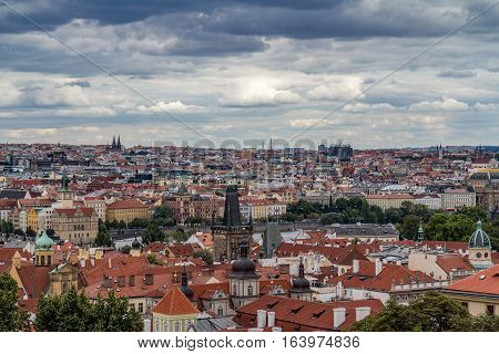 A cityscape shot of prage city in a cloudy day